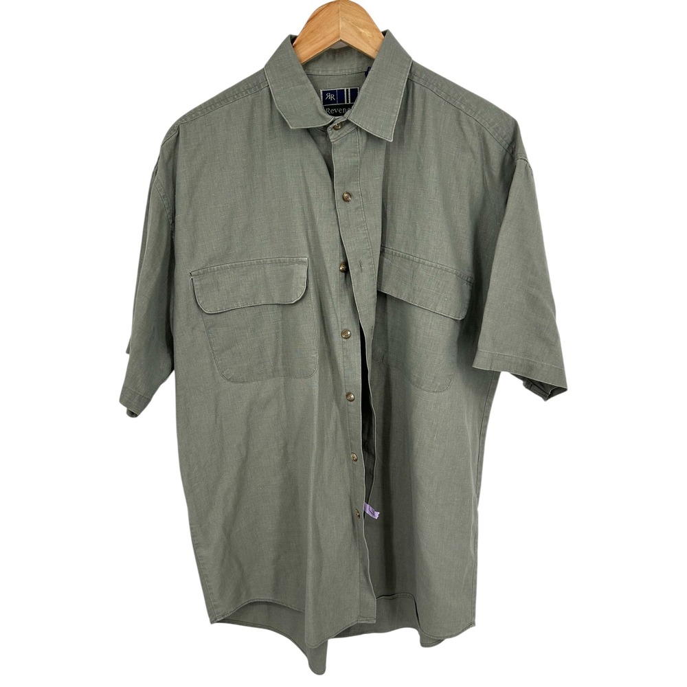 Revenge Mens Green Linen Blend‎ Short Sleeve Button Up Shirt Size Large